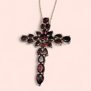 Red Garnet And Sterling Silver Large Cross Christian Necklace